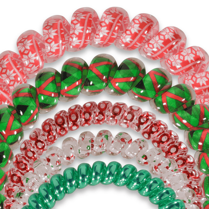 Teleties hair ties multipack featuring festive holiday designs in red, green, and white colors