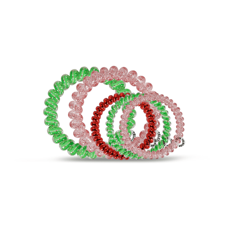Teleties hair ties multipack featuring vibrant green and red spiral designs for secure, stylish hair support