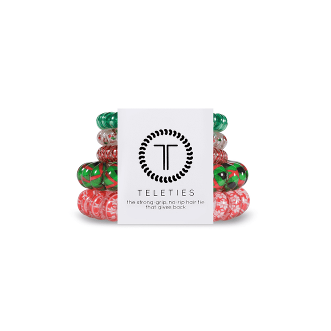 Teleties hair ties multipack featuring festive red and green designs for strong grip without rip damage