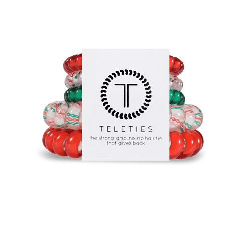 Teleties hair ties multipack featuring colorful designs for strong grip and no-rip hair styling