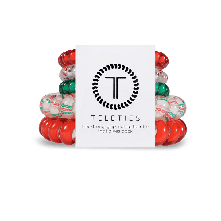 Teleties hair ties multipack featuring colorful designs for strong grip and no-rip hair styling