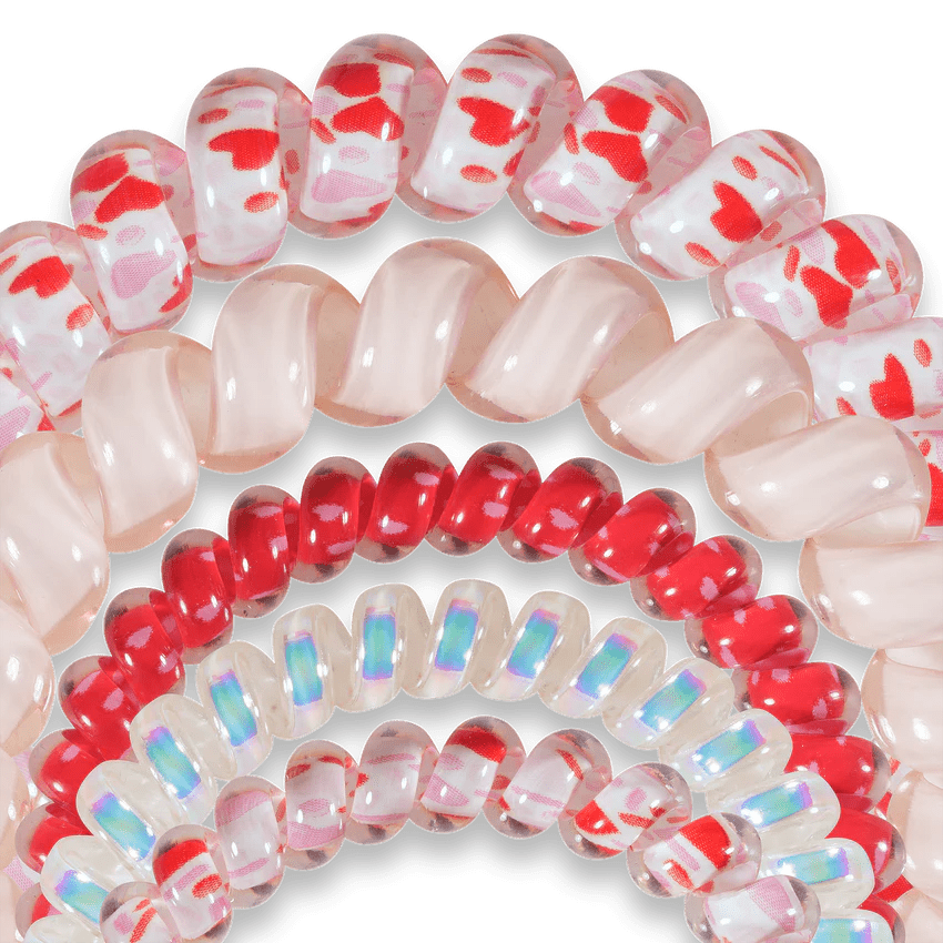 Teleties hair ties multipack featuring colorful and textured spiral designs for secure hairstyles