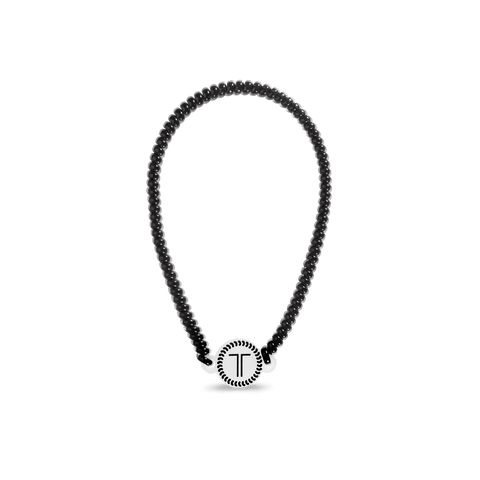 Teleties headband in black with a stylish circular logo for all-day hold and comfort