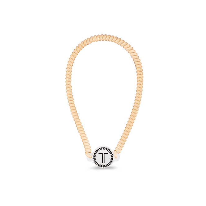 Teleties headband in beige with a stylish T logo for comfortable and secure hair management