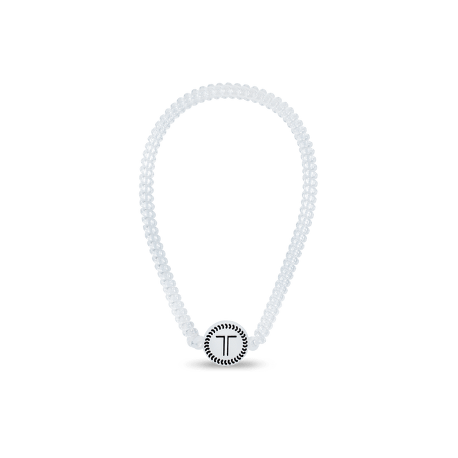 Teleties headband in clear with a decorative logo for stylish hair management