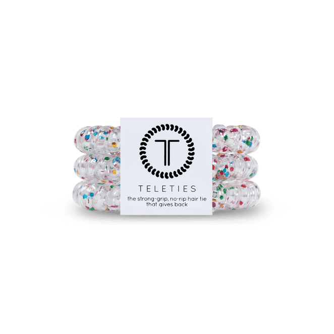 Teleties small hair ties in clear with colorful confetti pieces for a fun, strong grip