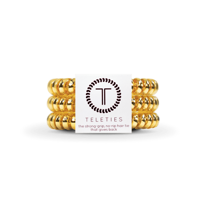 Teleties small hair ties in gold color offering strong grip and no-rip design for secure styling