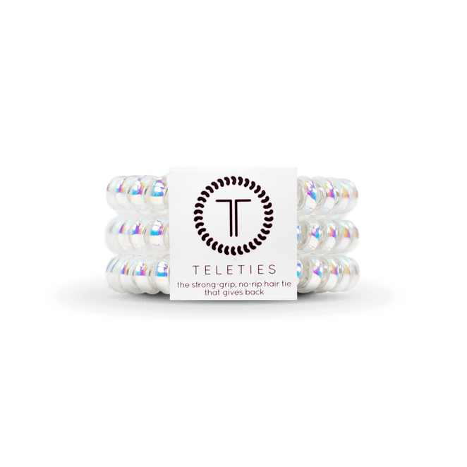 Teleties small hair ties in clear with holographic design for a strong grip and no-rip hold