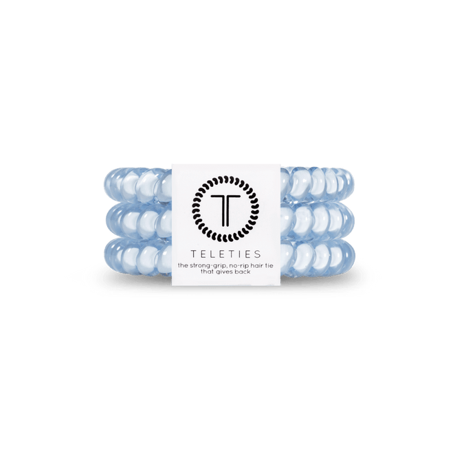 Teleties small hair ties in pastel blue, providing strong grip and no-rip support for all hair types