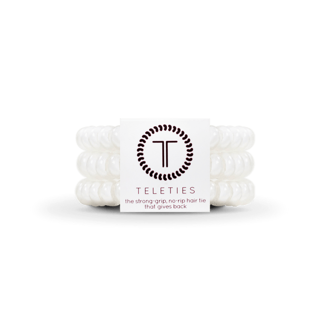 Teleties Small Hair Ties in white, strong grip design for no-damage hairstyles.
