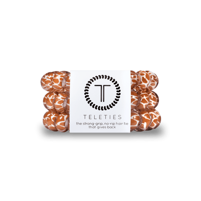 Teleties strong grip hair ties in a sleek animal print design offering a no-rip hold for all hair types