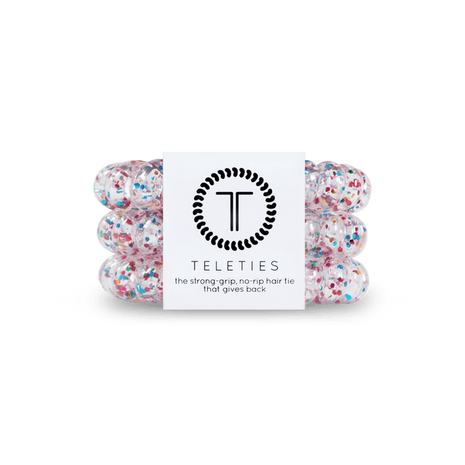 Teleties strong grip hair ties in clear with colorful glitter for secure and comfortable styling