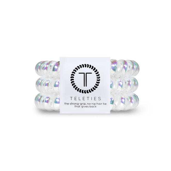 Teleties strong grip hair ties in clear with a no-rip design for all-day hold and comfort