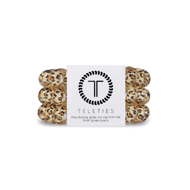 Teleties strong grip hair ties in leopard print design for secure and stylish hair styling