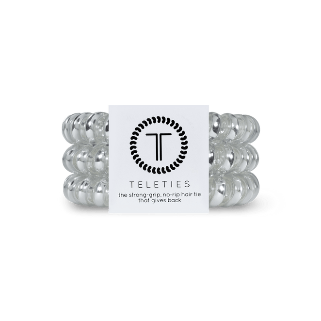 Teleties strong grip hair ties in clear color with a stylish design for all hair types