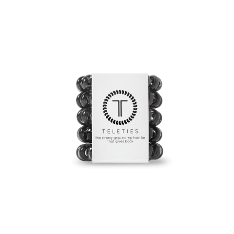 Teleties tiny hair ties pack in black, featuring strong grip and no-rip design for various hairstyles
