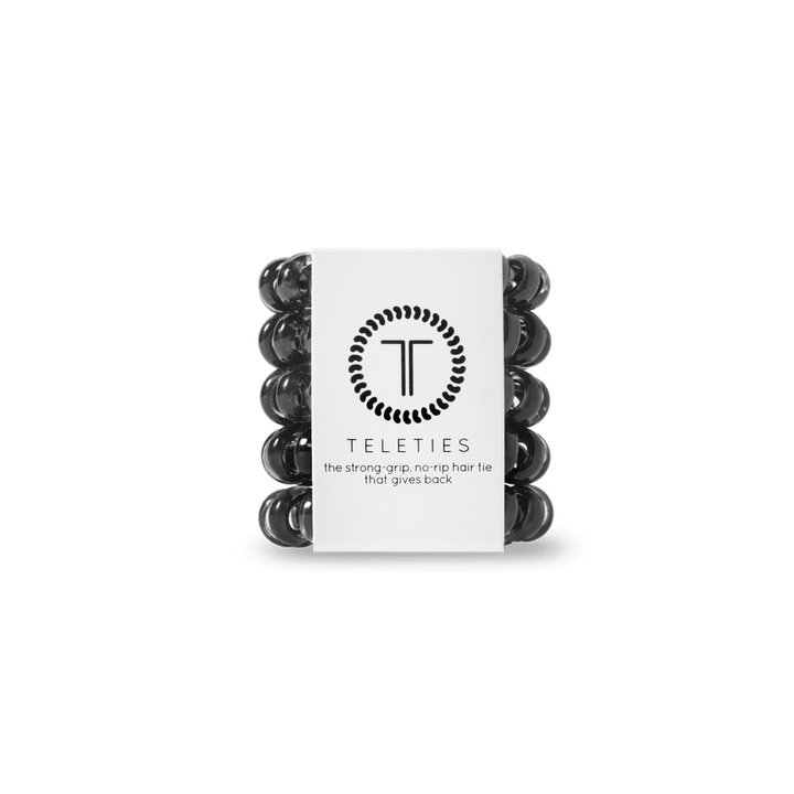 Teleties tiny hair ties pack in black, featuring strong grip and no-rip design for various hairstyles