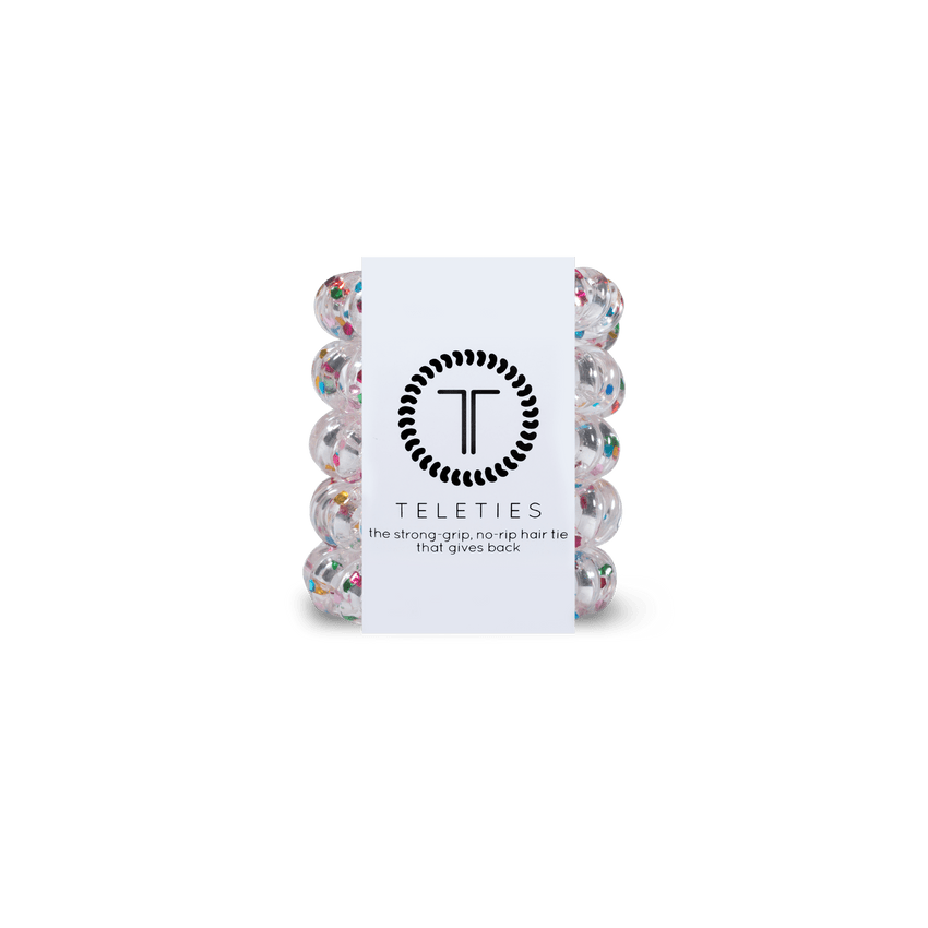 Teleties tiny hair ties in clear with colorful confetti, ideal for strong hold on hair without snagging
