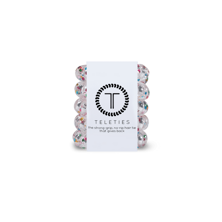 Teleties tiny hair ties in clear with colorful confetti, ideal for strong hold on hair without snagging
