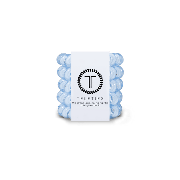 Teleties tiny hair ties in light blue, strong grip and no rip design for all hair types