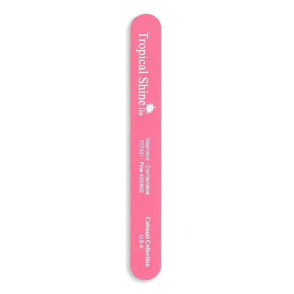 Pink Tropical Shine nail file with rounded edges and white logo text on white background
