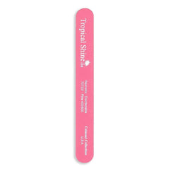 Pink Tropical Shine nail file with rounded edges and white logo text on white background