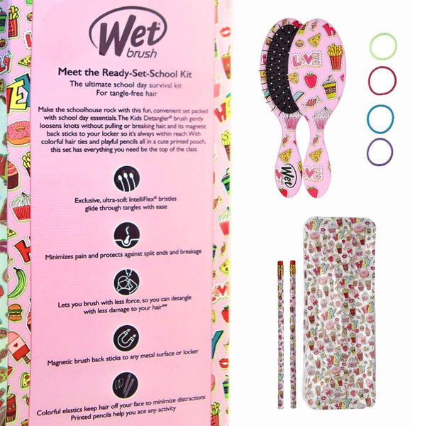 Wet Brush Back to School Detangling Brush Set with colorful patterned brushes, printed pencils, and elastic hair ties