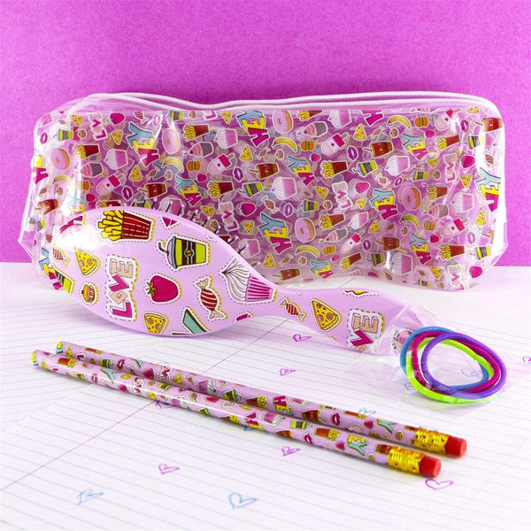 Wet Brush Back to School Detangling Brush Set with pink brush, pencil case, pencils, and colorful hair ties