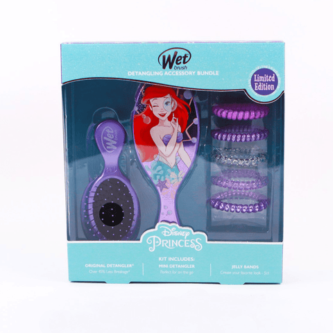 Wet Brush Disney Princess detangling set featuring Ariel mini detangler brush and purple jelly bands