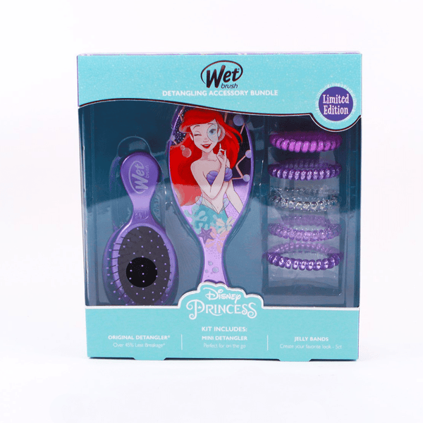Wet Brush Disney Princess detangling set featuring Ariel mini detangler brush and purple jelly bands