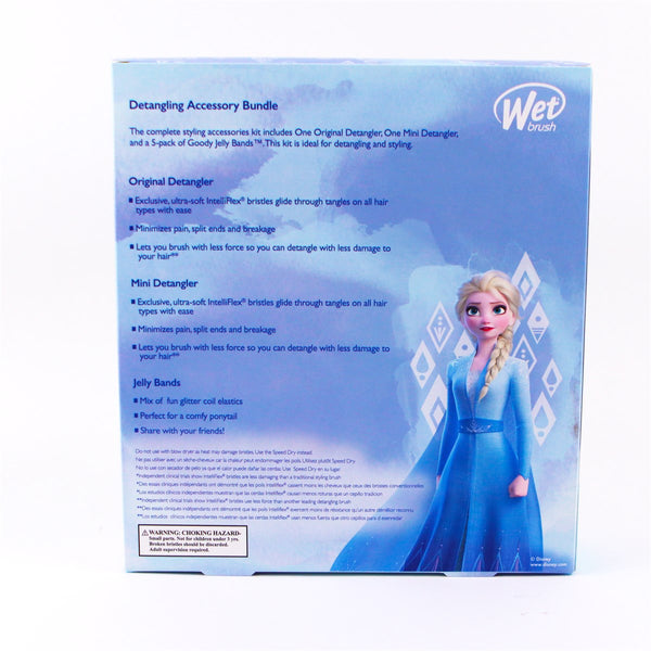 Wet Brush Disney Princess detangling set with blue packaging featuring Frozen Elsa character and detangling accessory bundle details