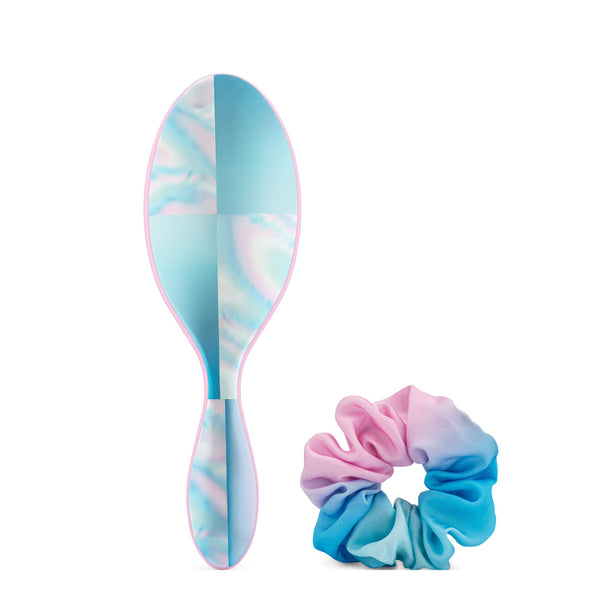 Wet Brush Galactic Waves bundle with pastel blue and pink hairbrush and matching scrunchie
