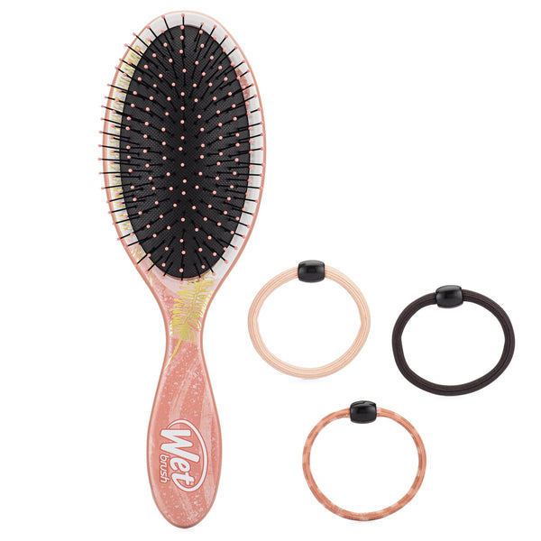 Wet Brush hair styling kit with pink paddle brush and three assorted hair ties for easy styling
