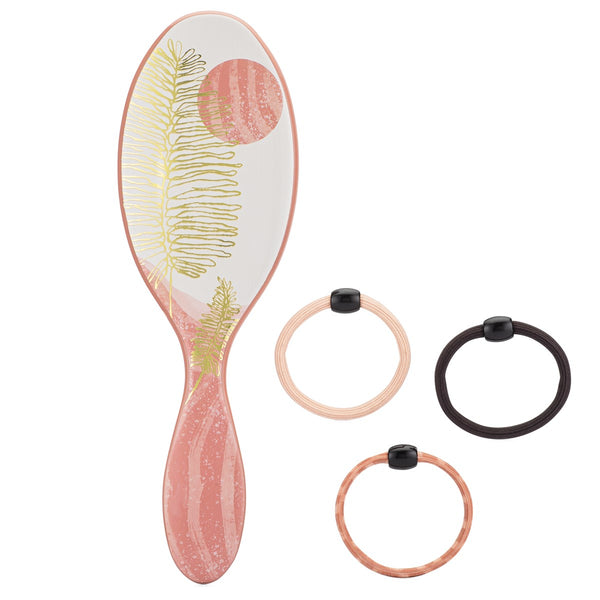 Wet Brush hair styling kit with decorative paddle brush and three elastic hair ties in pink, black, and rose gold