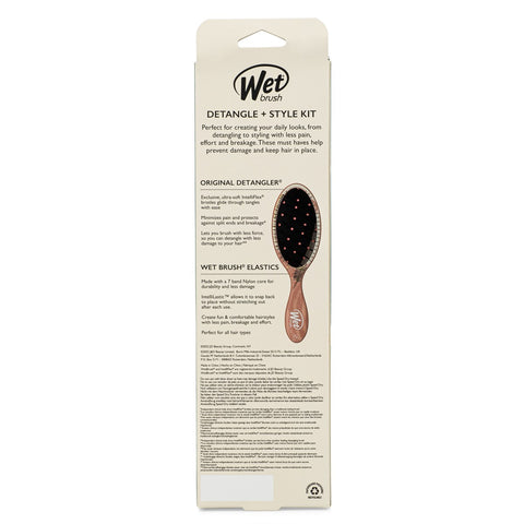 Wet Brush hair styling kit packaging featuring detangler brush and elastics for easy hair styling