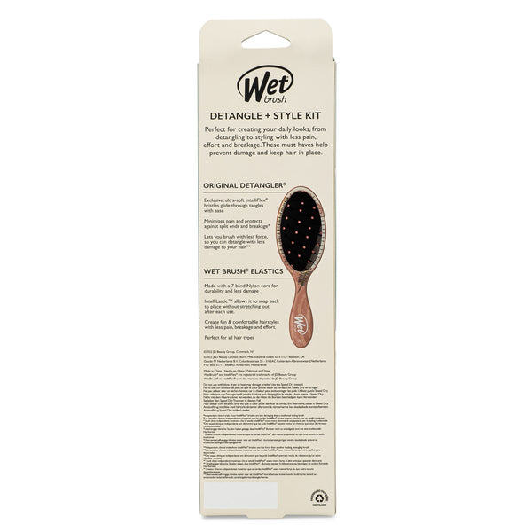 Wet Brush hair styling kit packaging featuring detangler brush and elastics for easy hair styling
