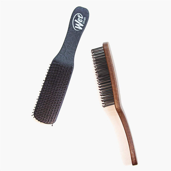 Wet Brush black paddled detangling hairbrush with flexible bristles and brown wooden hairbrush with natural bristles