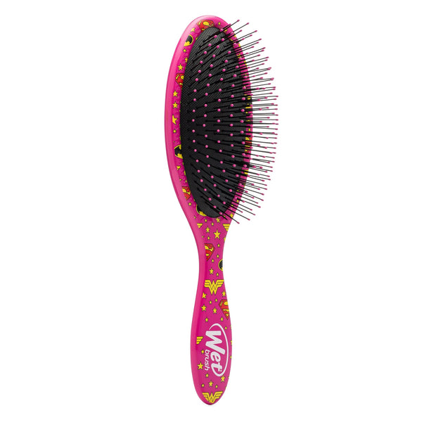 Wet Brush Justice League detangler brush with a pink design featuring superhero patterns