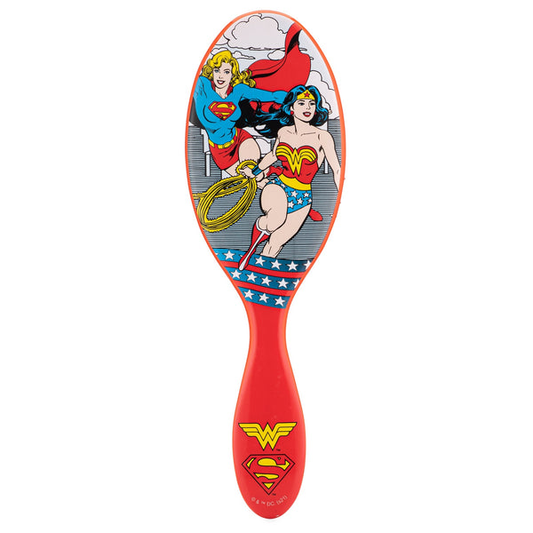 Justice League detangler brush featuring Wonder Woman and Supergirl for easy hair styling.