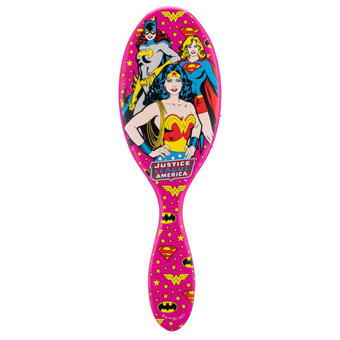 Justice League detangler brush featuring Wonder Woman and other superheroes with a vibrant pink design