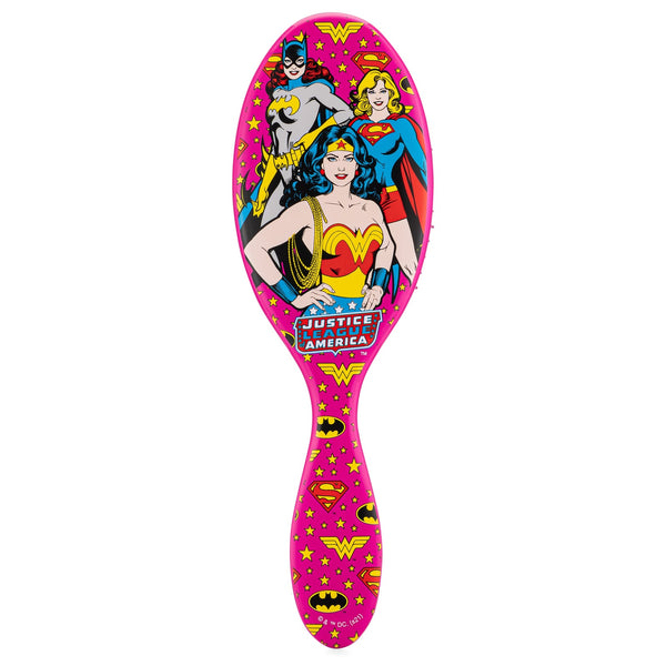 Justice League detangler brush featuring Wonder Woman and other superheroes with a vibrant pink design