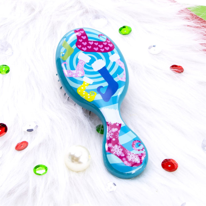 Wet Brush Mini Christmas Detangler with Colorful Holiday Sock Design for Easy Knot Removal