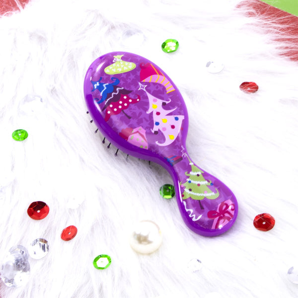 Wet Brush Mini Christmas Detangler in Purple with Colorful Holiday Designs for Easy Hair Styling