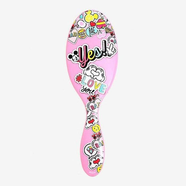 Minnie Mouse hair brush by Wet Brush in pink with colorful graphic icons and text designs
