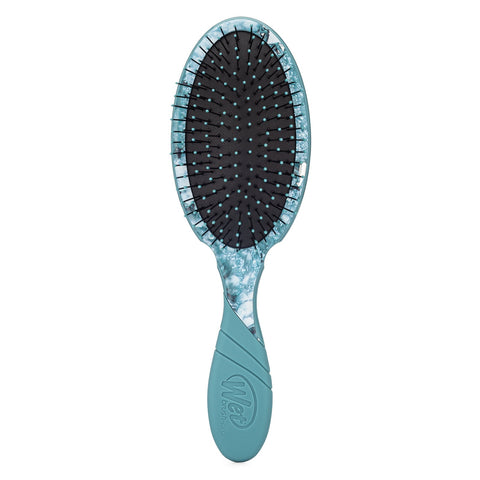Wet Brush Pro Detangler in blue with marbled handle and flexible bristles for gentle hair detangling