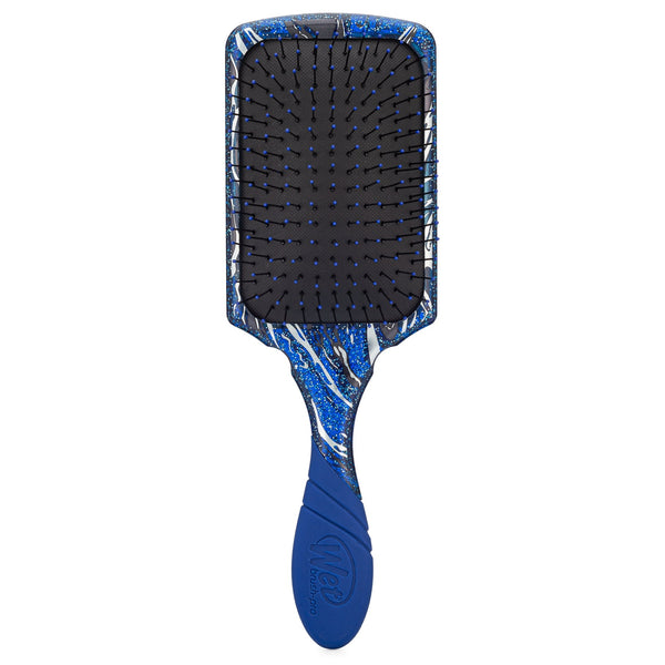 Wet Brush Pro Paddle Detangler with blue and white marbled handle and flexible bristles for gentle detangling