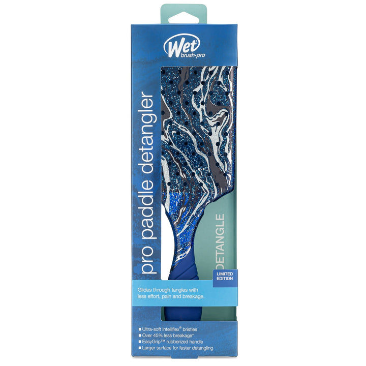 Wet Brush Pro Paddle Detangler in blue with marbled design in original packaging