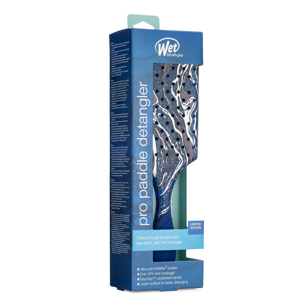 Wet Brush Pro Paddle Detangler in blue packaging with marbled design and ultra-soft bristles