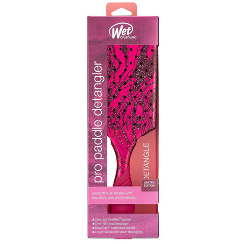 Wet Brush Pro Paddle Detangler in pink with glitter design in packaging for easy hair detangling