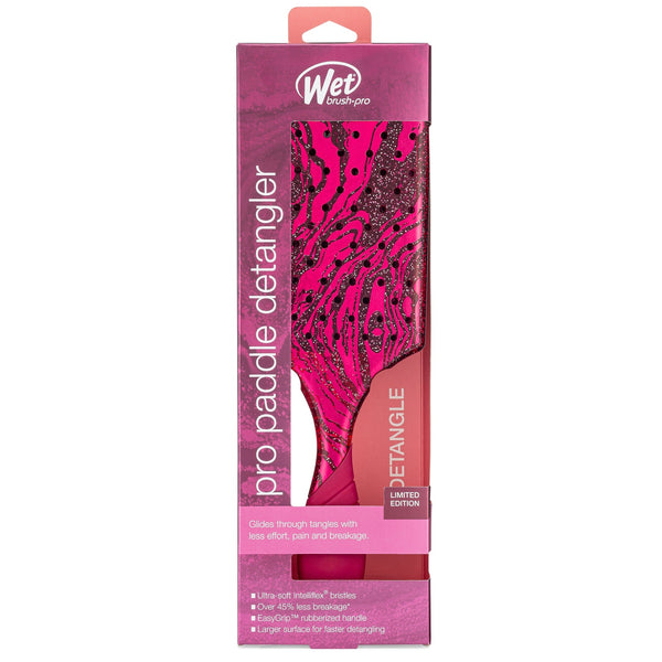 Wet Brush Pro Paddle Detangler in pink with glitter design in packaging for easy hair detangling